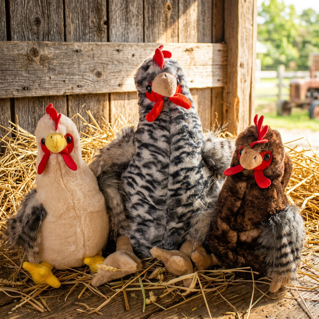 Three plush toy chickens arranged on a brown paper backdrop with straw, lit by a bright overhead spotlight. The left chicken is white with red comb and yellow beak; the center chicken is gray and black speckled with red comb; the right chicken is dark brown with red comb.